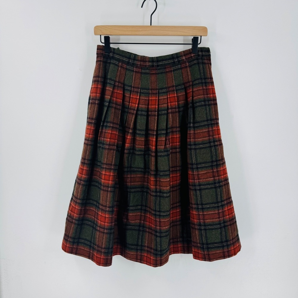 Vintage Plaid Pleated Midi Skirt Wool Blend Tartan Classic Style Approx. Size 8